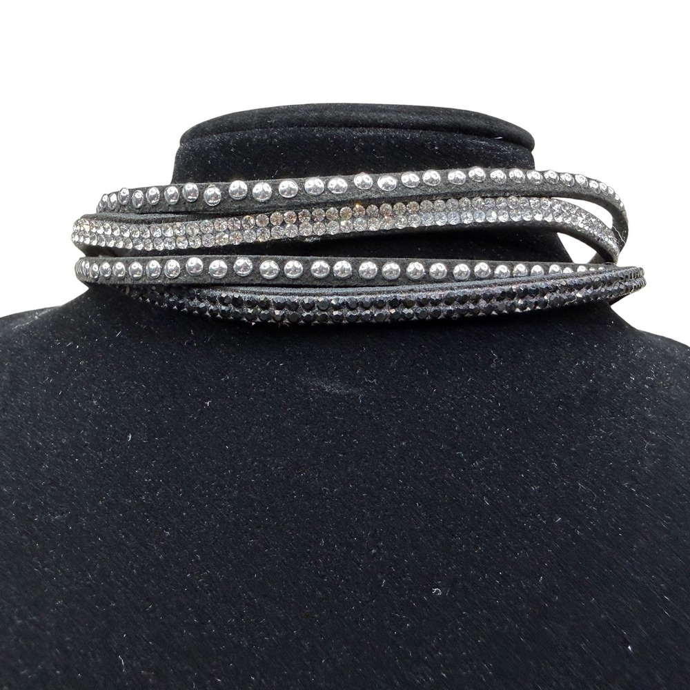 Multi-Strand Wrap Choker Necklaces Black Faux Leather Rhinestone Studded Snap